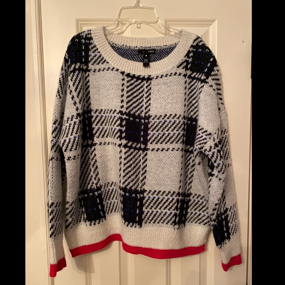 Bloomingdale’s AQUA White, Black, Blue, Pink Plaid Sweater